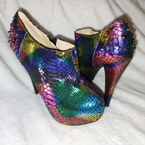 Ami Clubwear Studded Iridescent Rainbow Faux Snakeskin Heels